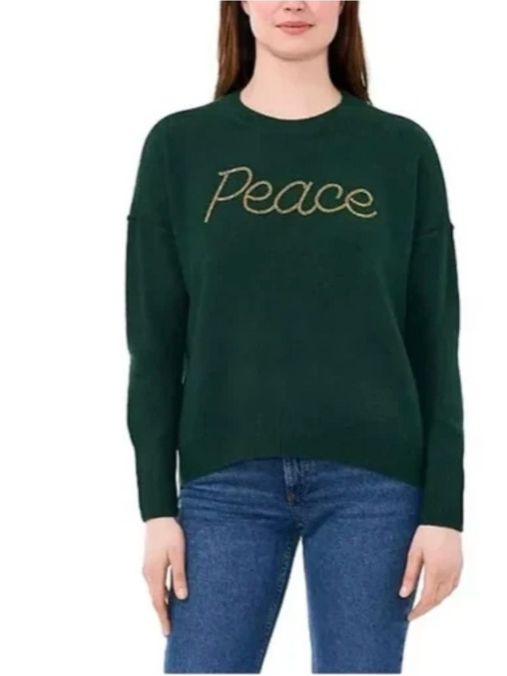 Peace Embroidered Beaded Crewneck Sweater - Dark Green